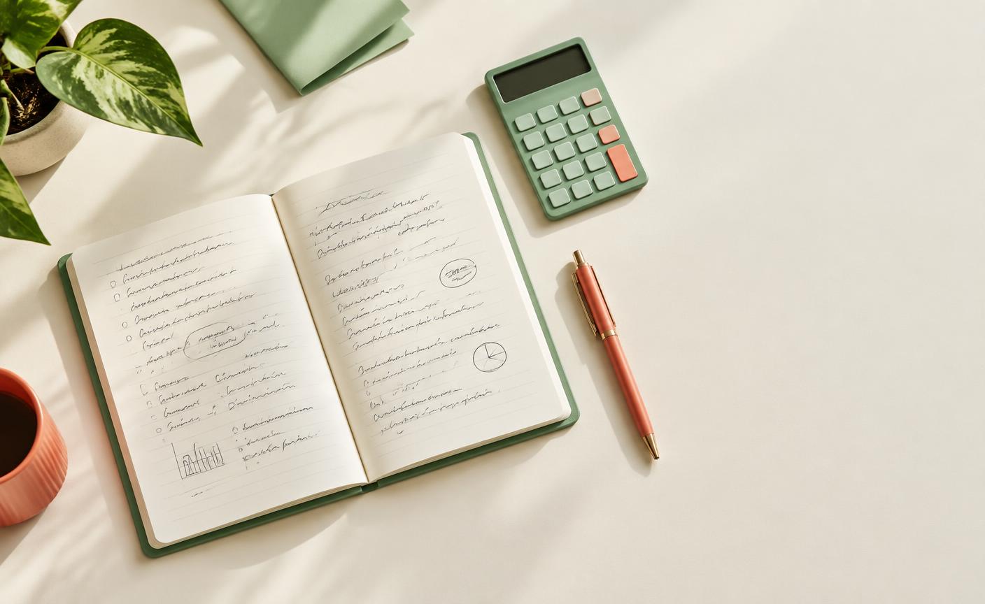 Caderno de planejamento financeiro, calculadora e caneta sobre uma mesa